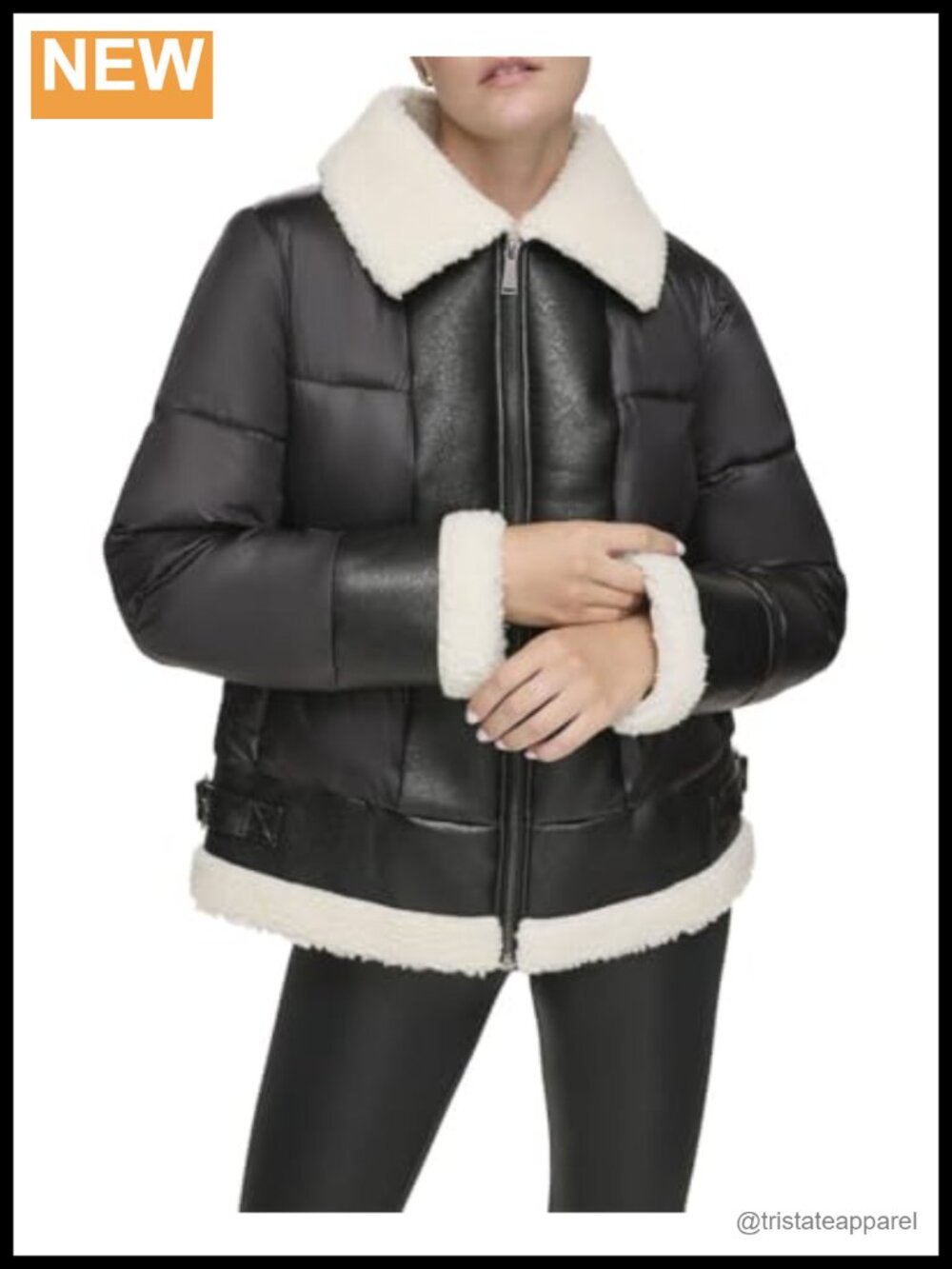 Faux Leather Faux Sherpa Mixed Media Puffer Jacket